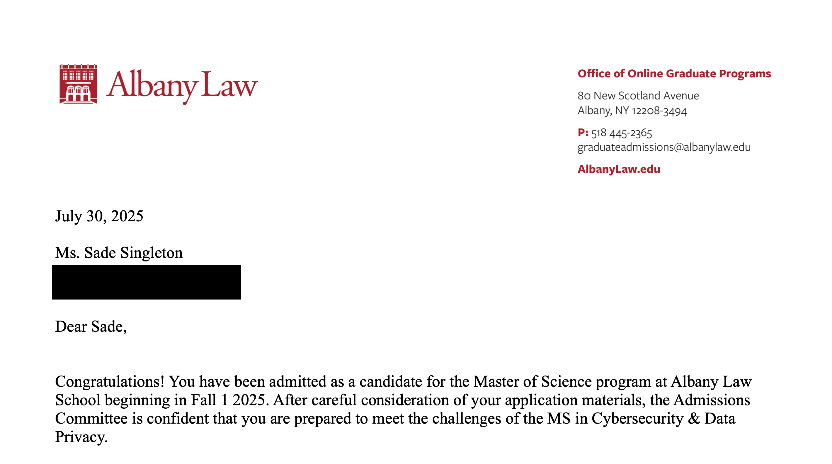 Albany Law School acceptance letter dated July 30, 2025