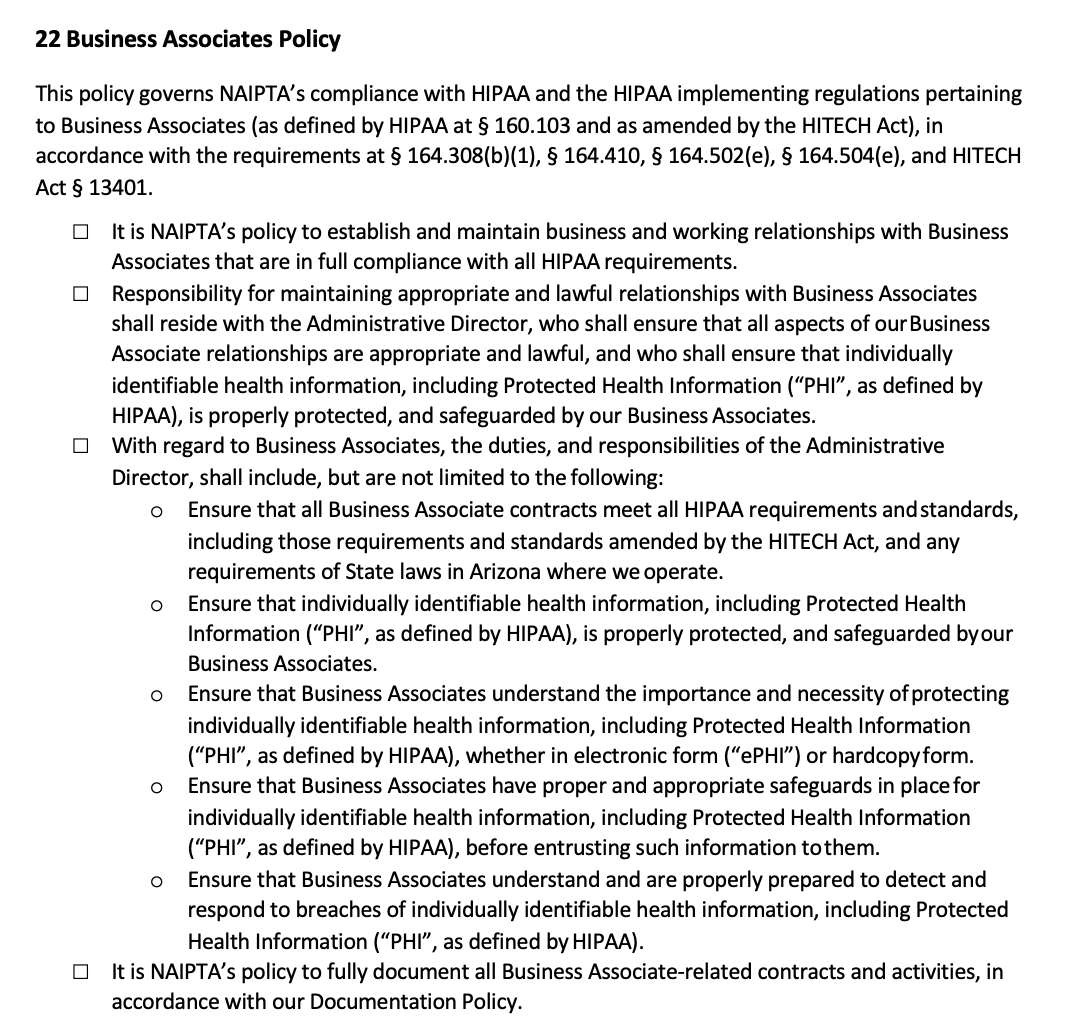 Original NAIPTA Business Associates policy section