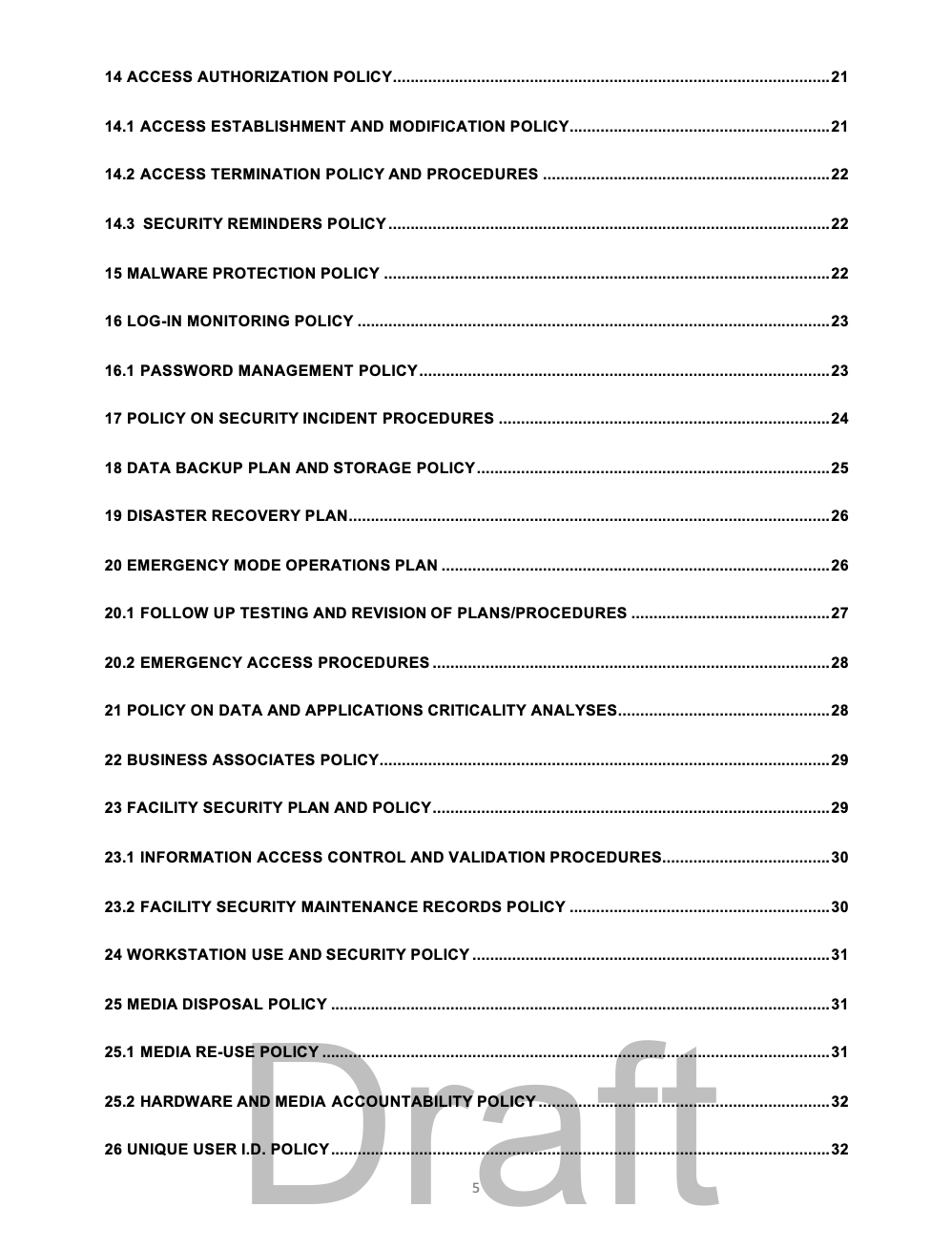 NAIPTA HIPAA manual table of contents, page two