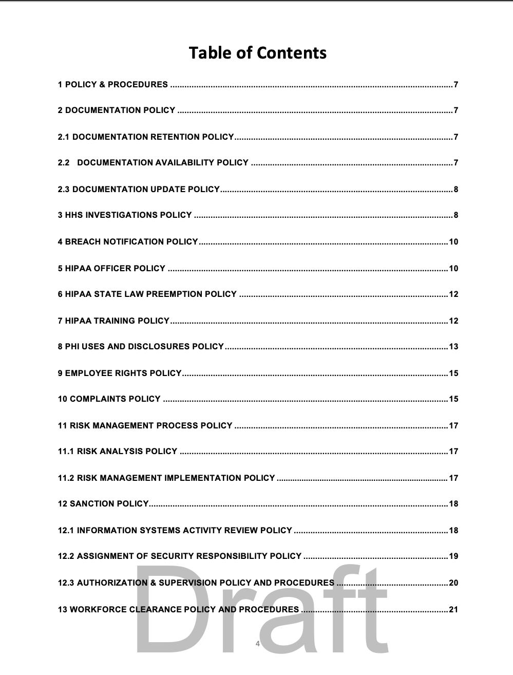 NAIPTA HIPAA manual table of contents, page one