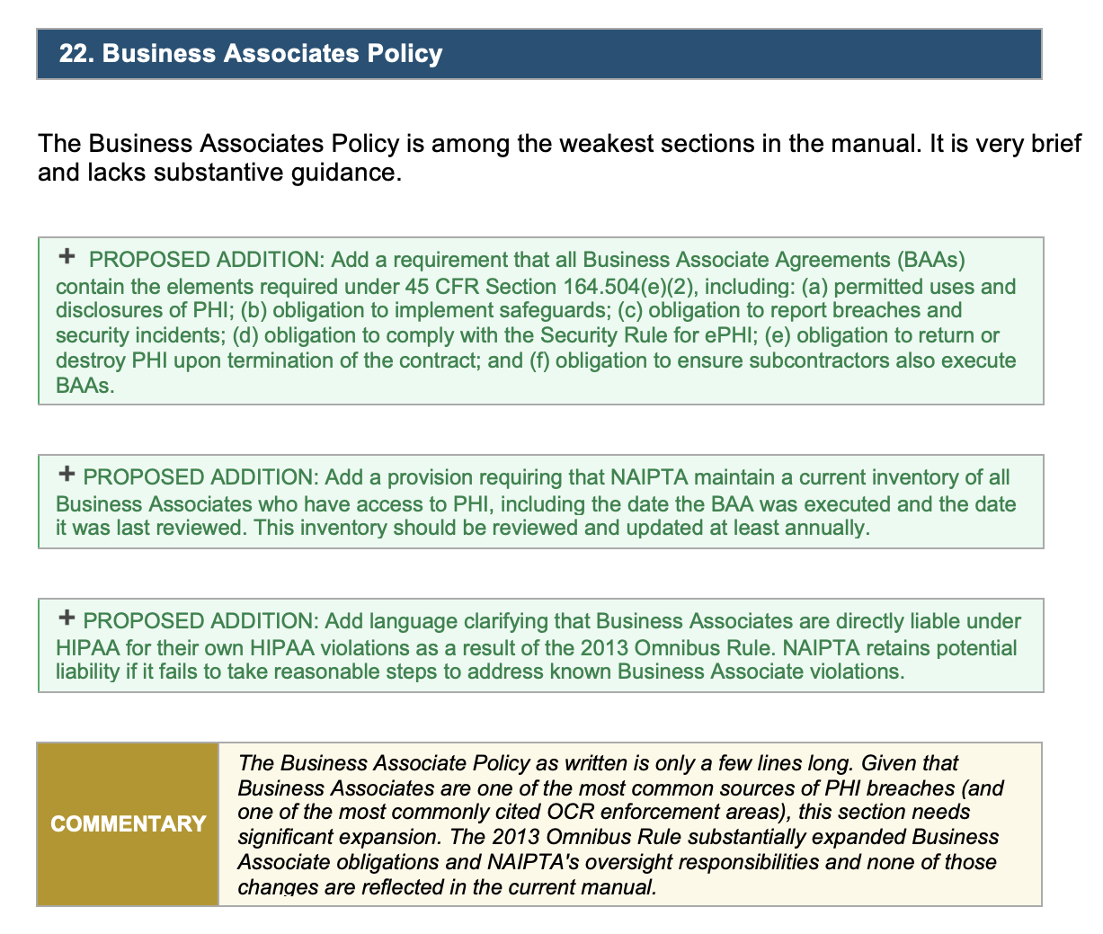 Proposed Business Associates policy additions
