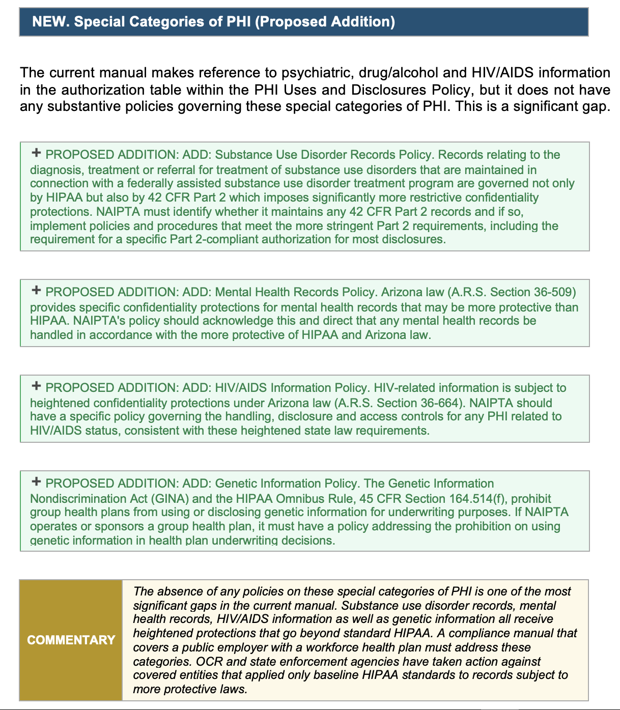Proposed special categories of PHI policy additions